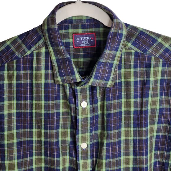 Untuckit Slim Fit Button Up Shirt Mens Size Large Green Blue Plaid Cotton - Picture 3 of 8